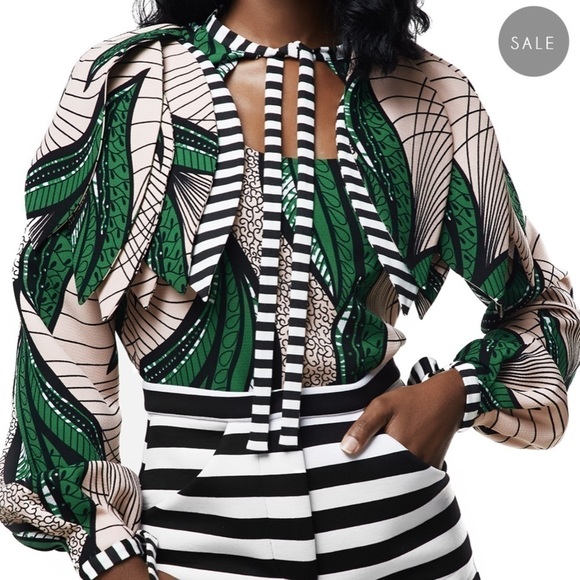 Sylvia Mollie Tops - SylviaMollie Tracey Petal Blouse, Bold Maximalist Green/Black/Pink, size 2